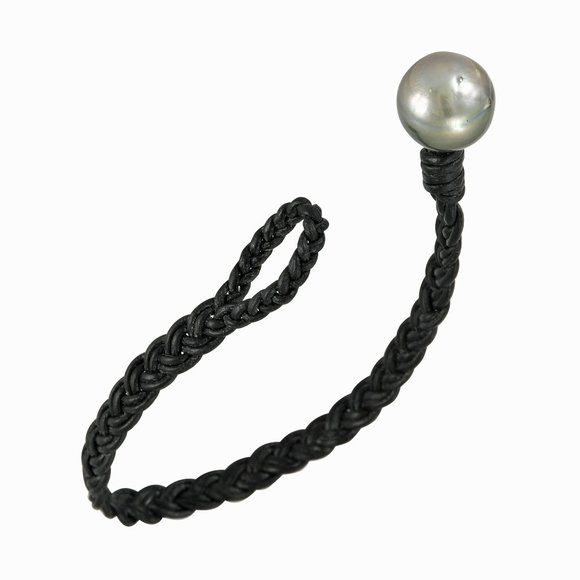 14mm Genuine Baroque Tahitian Pearl in Braided Black Greek Leather Bracelet 7" - Picture 2 of 3